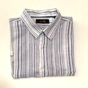 Tasso Elba Mens Cotton Linen Short Sleeve Shirt Size XXL Blue and White Striped